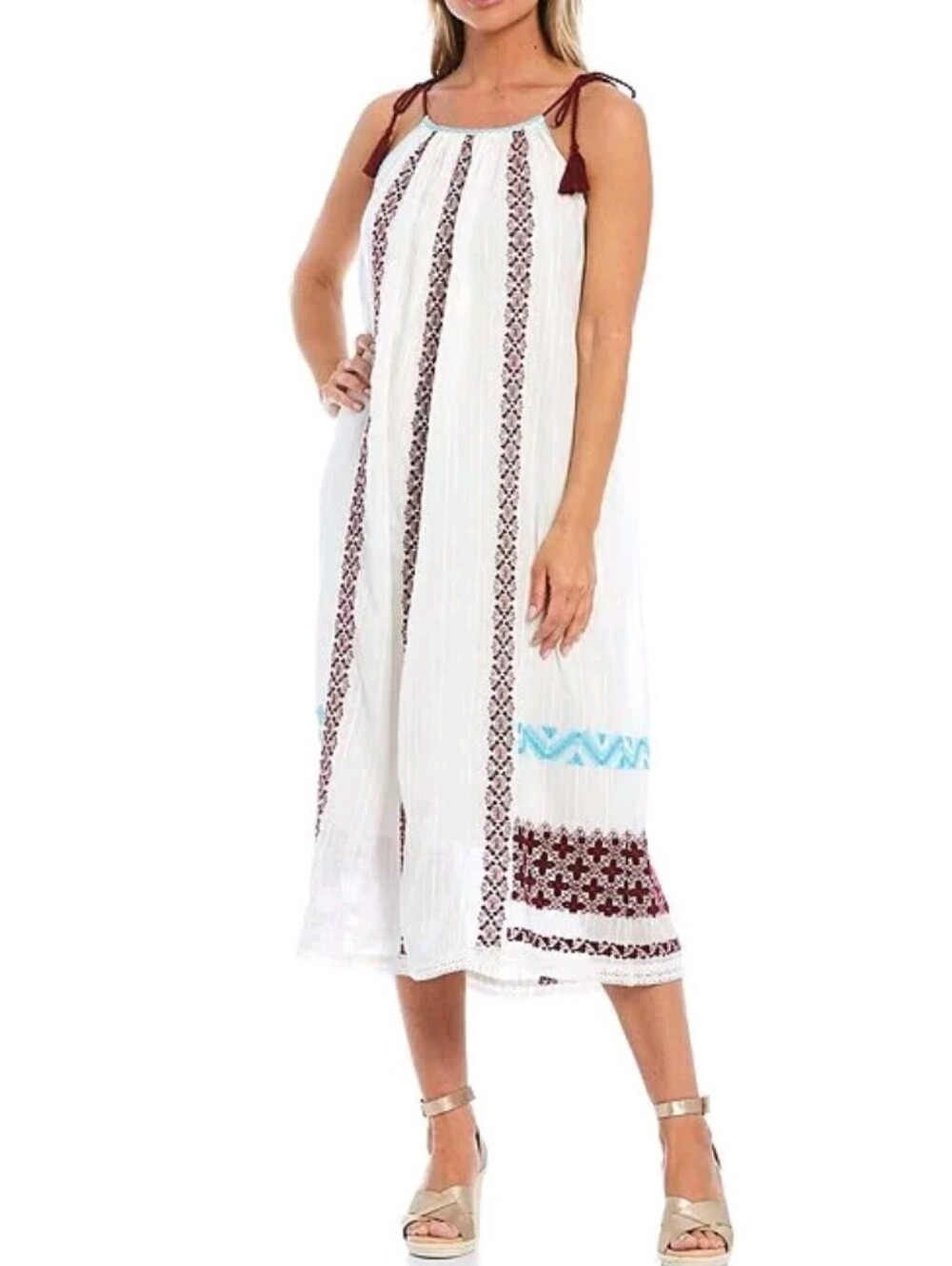Reba Boho Chic Geometric Embroidered Cotton Swing Dress Small